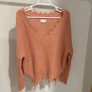 Pink Lily Women's Distressed V-Neck Sweater - Pink Clay